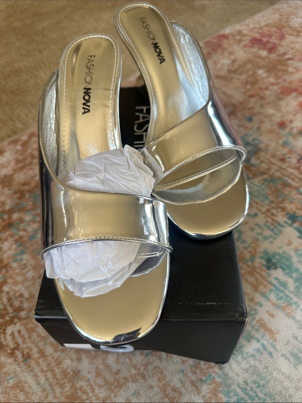 Fashion Nova Metallic Silver Slide Mules